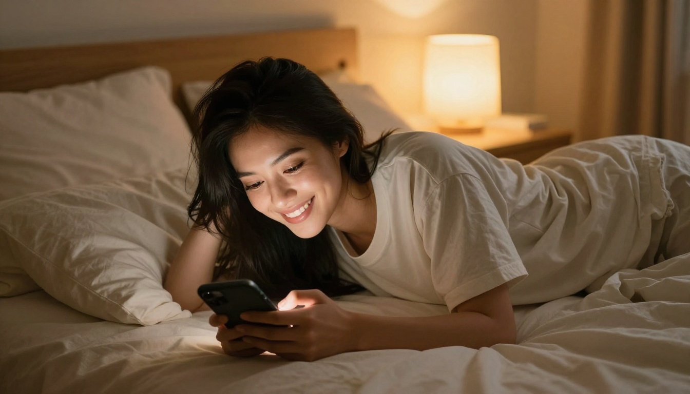 Young woman lying on a cozy bed, warmly smiling at her phone in soft evening light