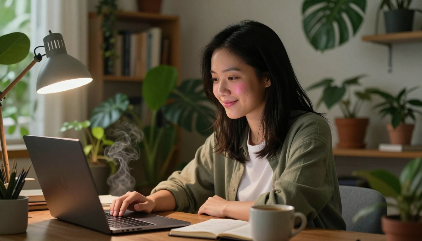 Asian woman smiling warmly at laptop showing AI chat interface, surrounded by plants