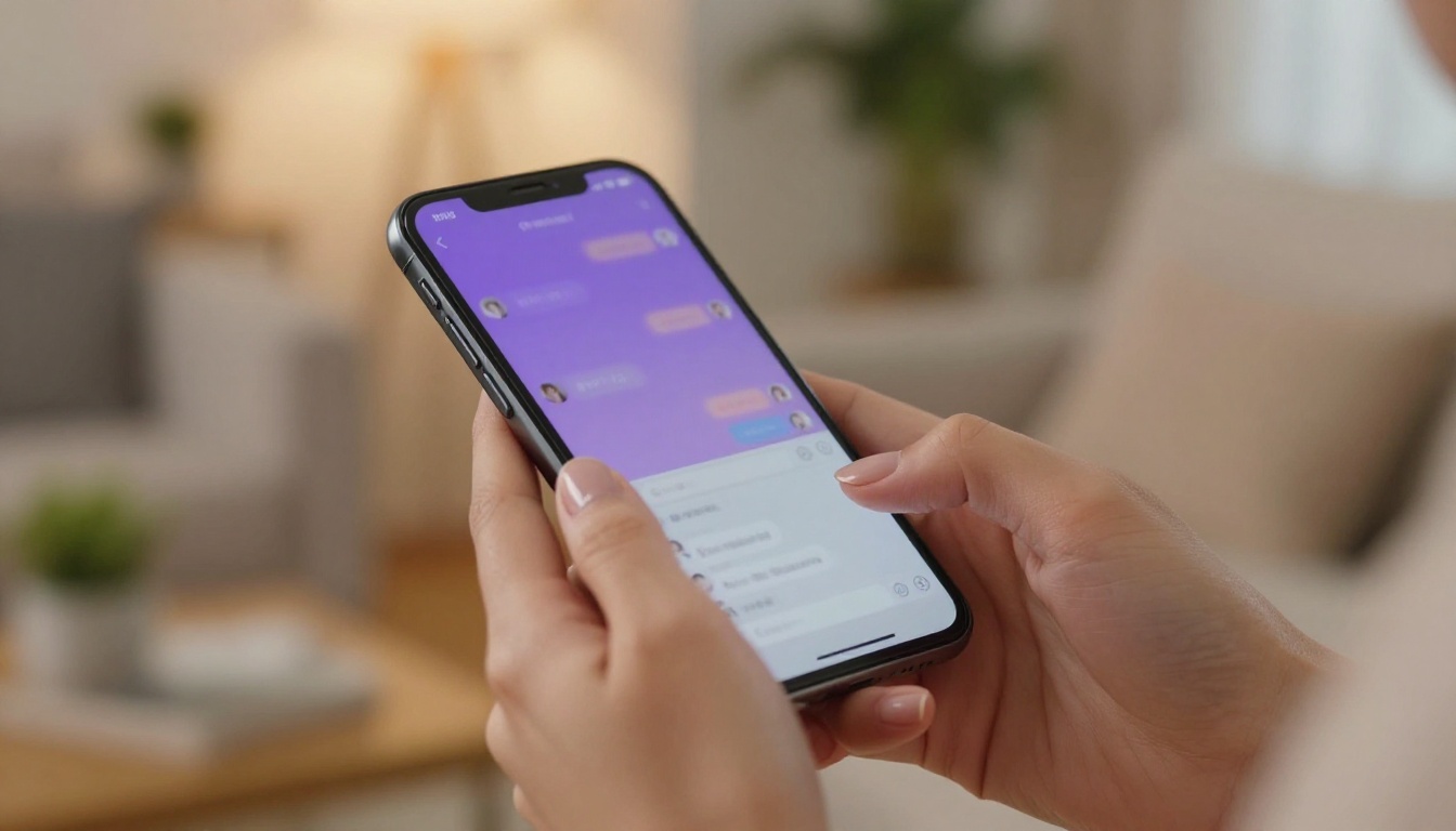 Elegant hands holding a smartphone with a soft blurred chat interface in warm living room light