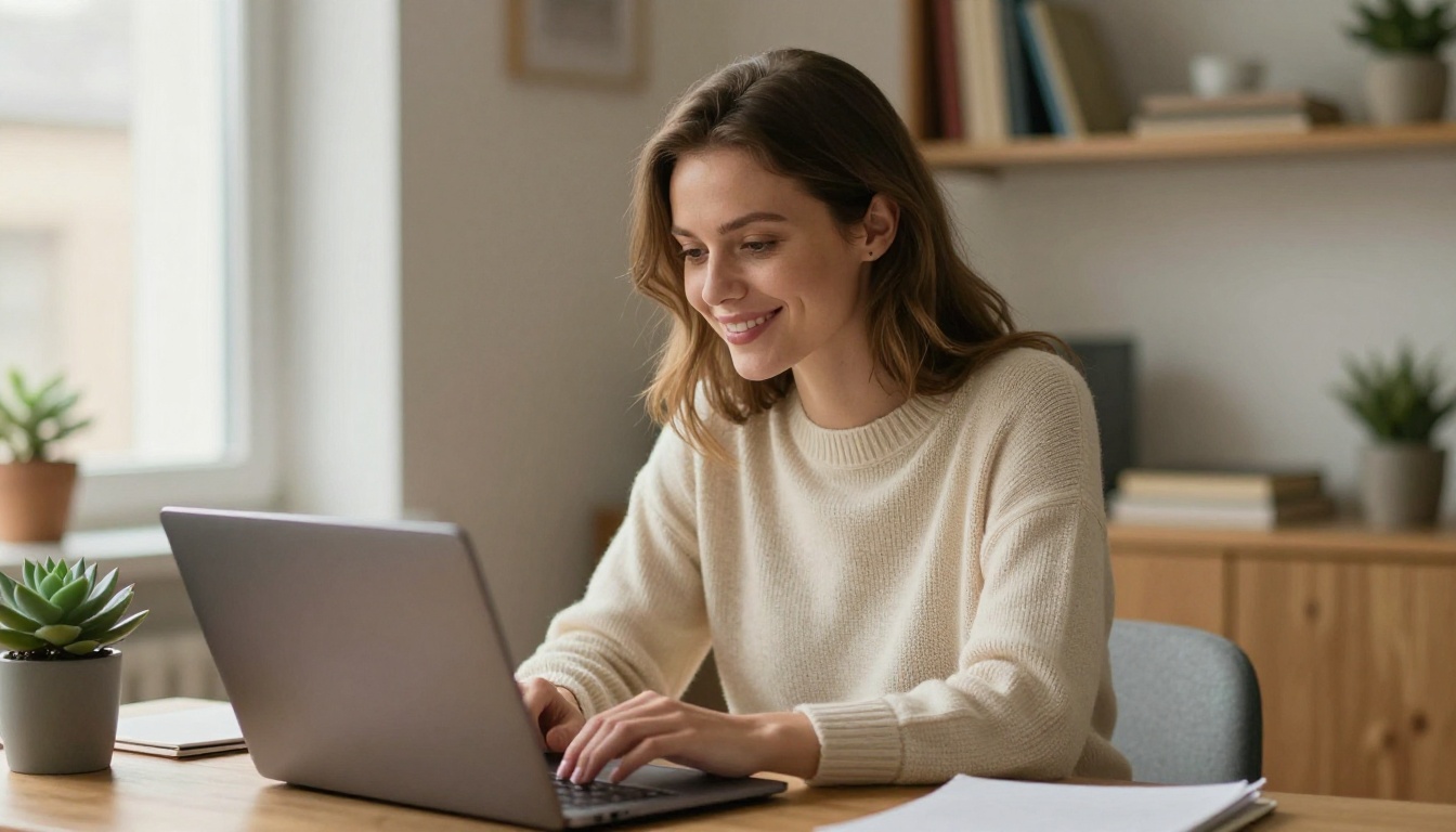 European woman with a warm satisfied smile sitting at her home workspace in soft natural light