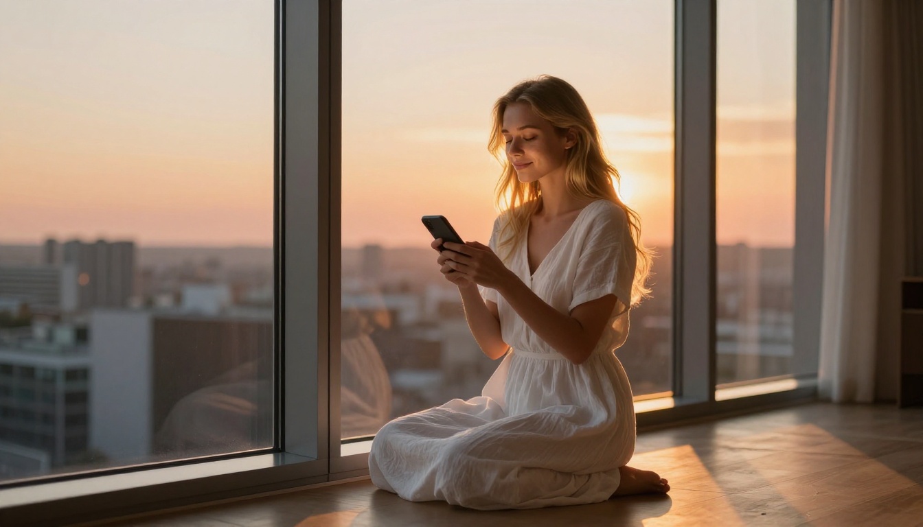 European woman holding phone to chest at golden hour window, peaceful and content