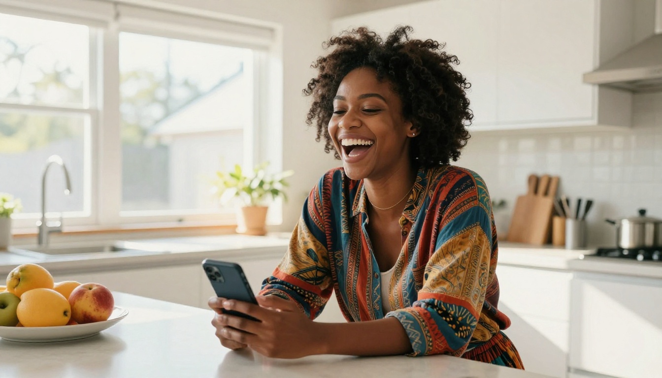 African American woman laughing openly at her phone in a bright, cheerful morning kitchen