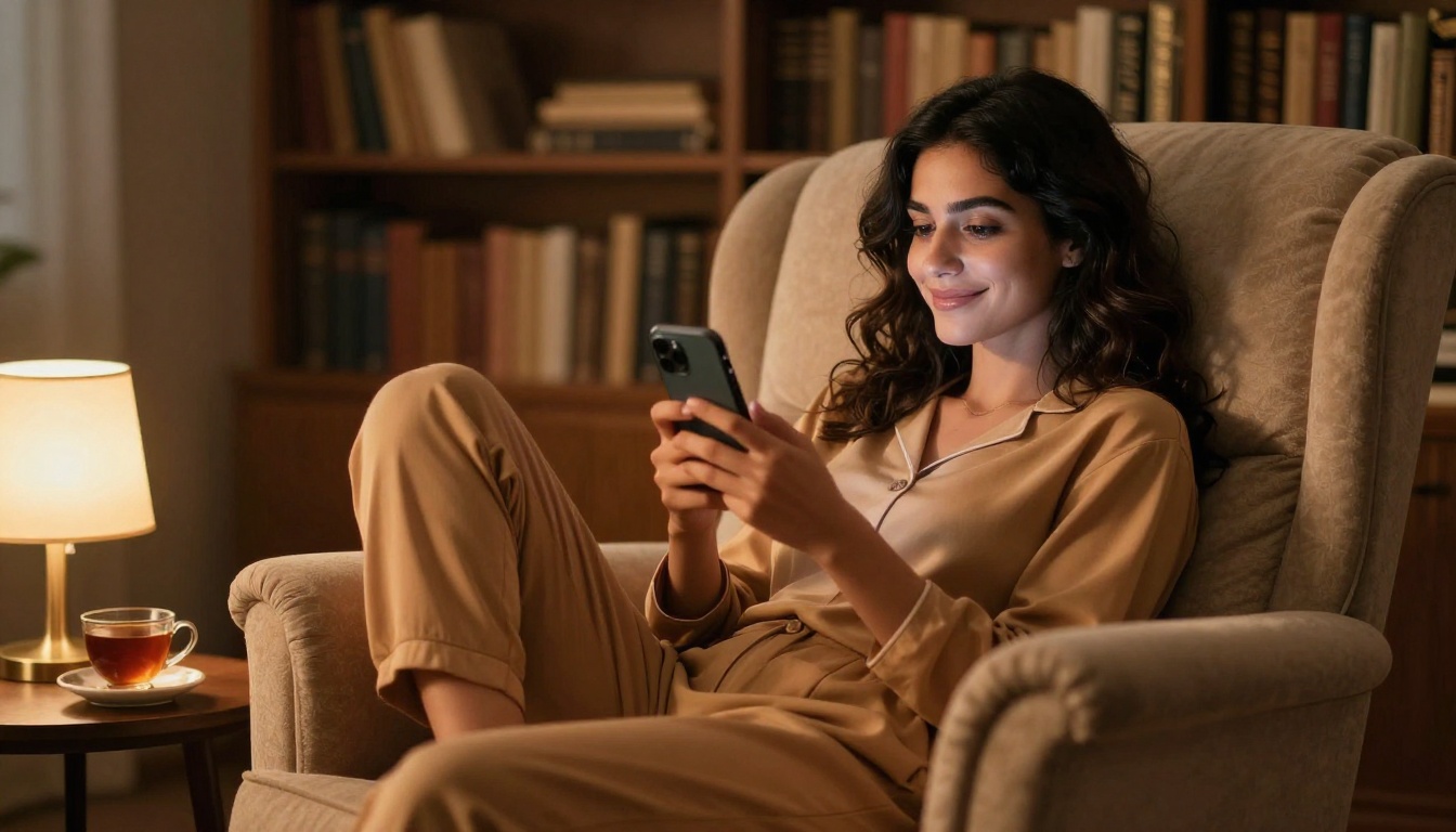 Middle Eastern woman reclining in a plush armchair, soft warm lamp light, content and relaxed with her phone