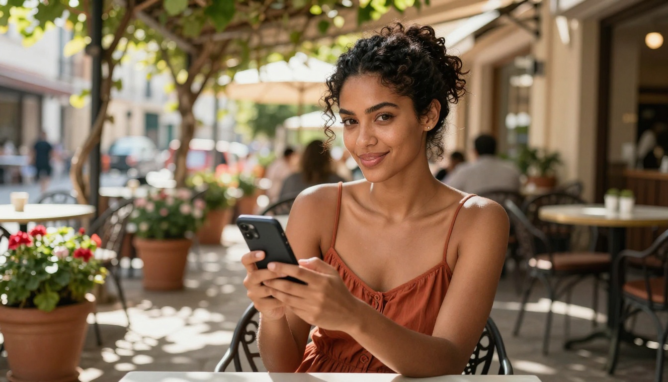Confident woman at outdoor Mediterranean cafe terrace, phone in hand, warm afternoon light