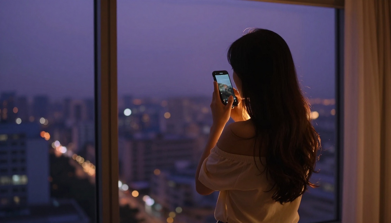 Woman silhouetted at a large apartment window overlooking a glowing city skyline at dusk, phone in hand