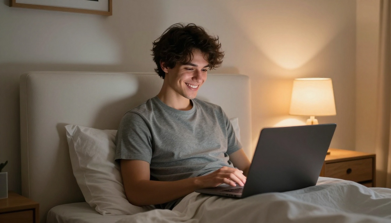 Young man leaning against a headboard with laptop on his knees smiling warmly at the screen in a softly lit bedroom