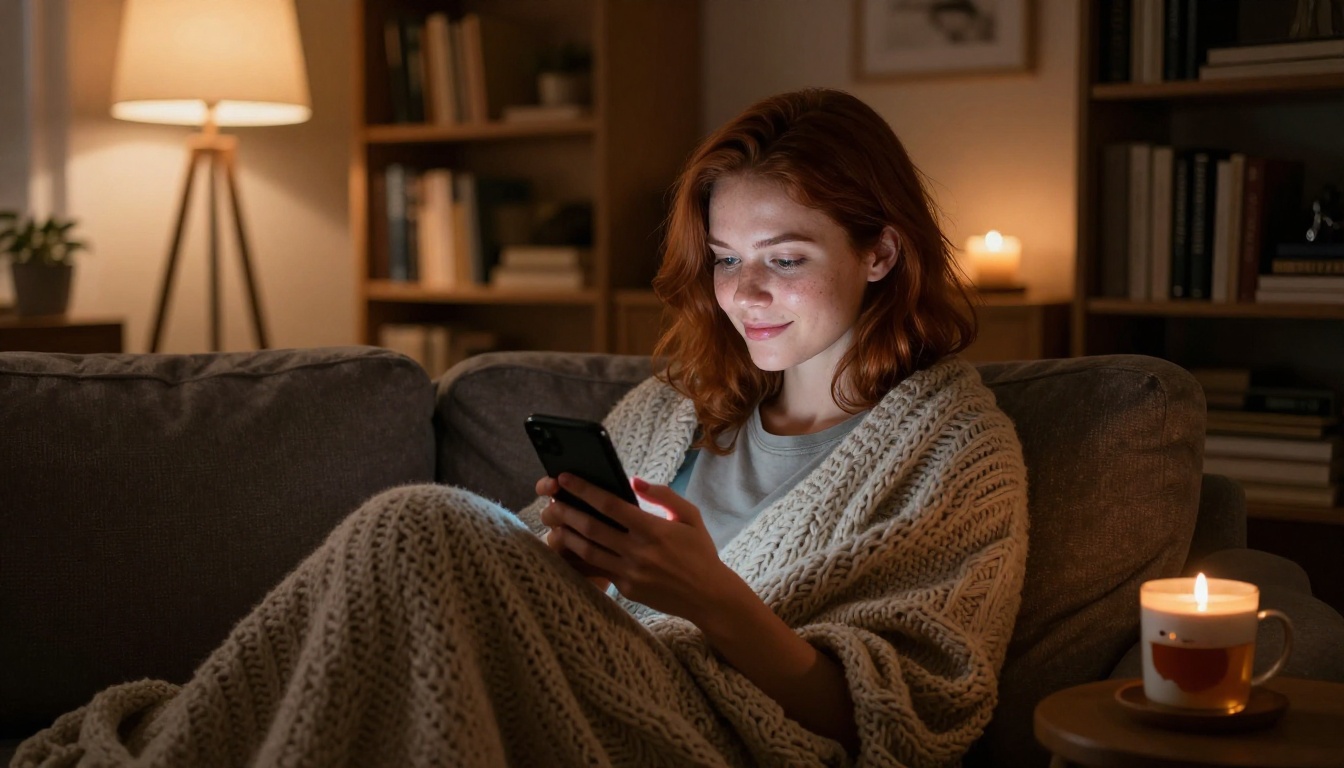 Woman wrapped in chunky knit blanket on cozy sofa, face lit by phone glow, content expression
