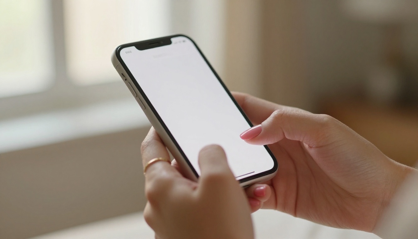 Close-up of a woman's hands holding a glowing smartphone with natural window light casting soft shadows across her fingers