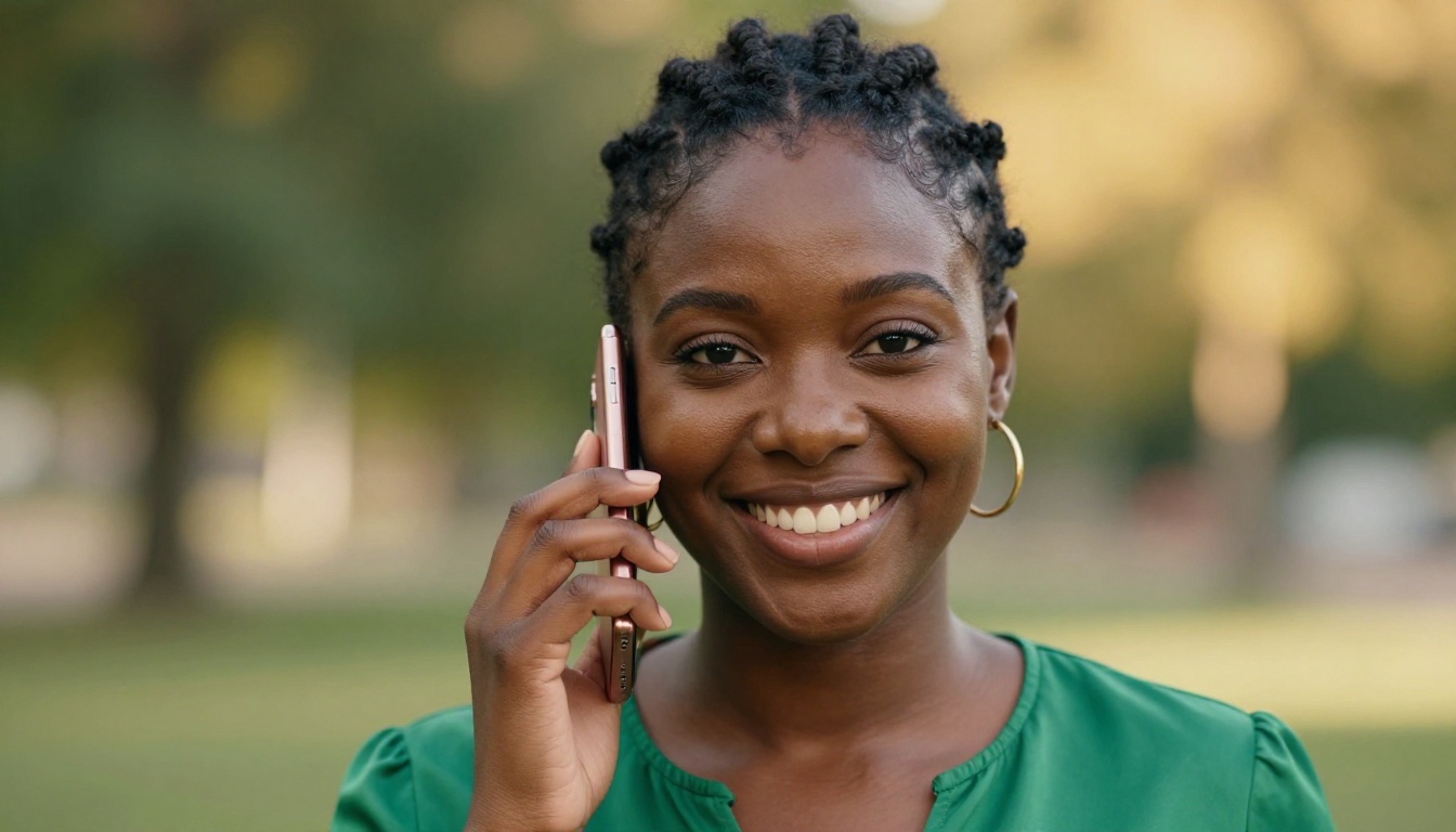 Black woman with radiant smile holding phone, outdoor golden light, close-up portrait