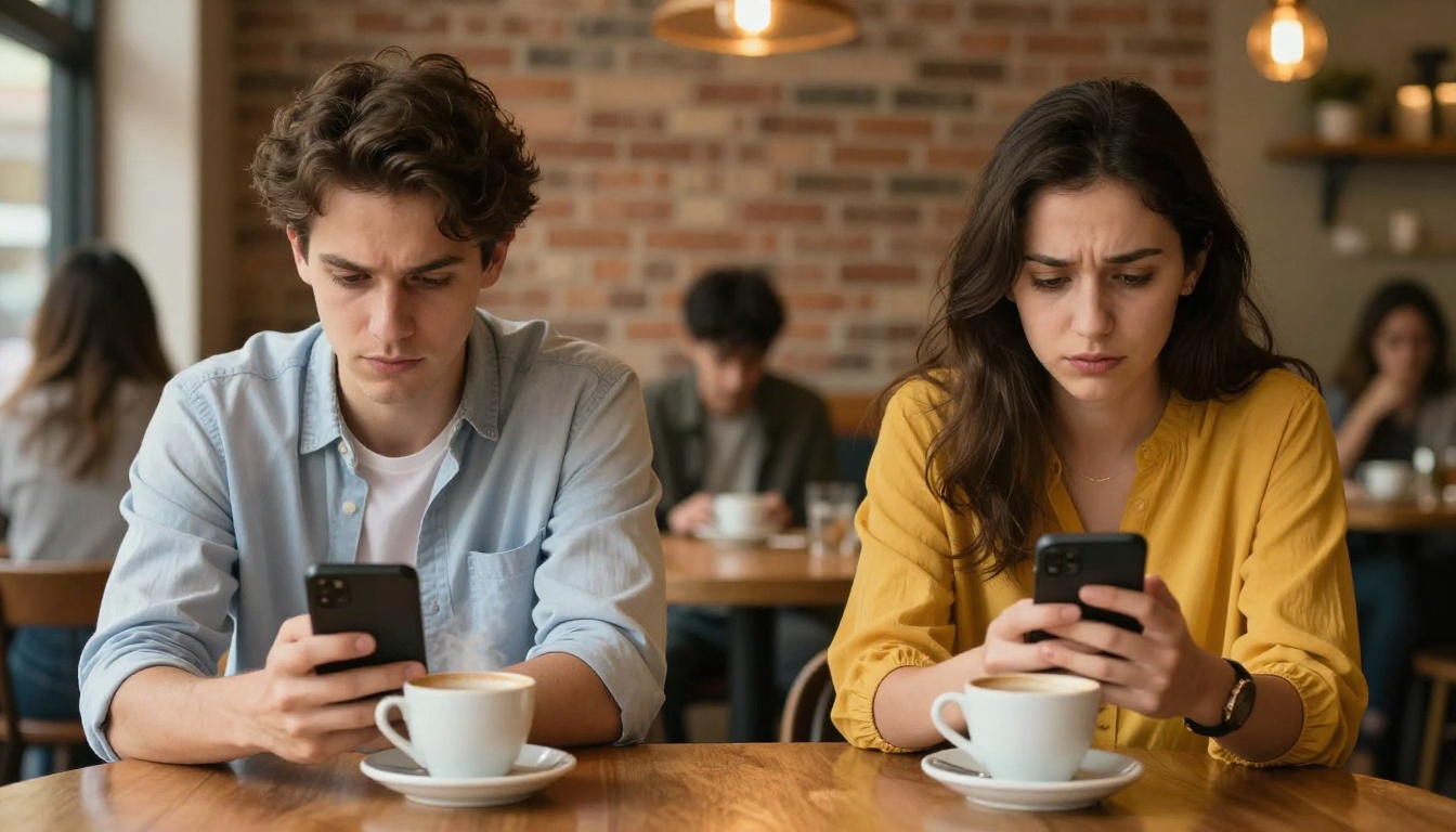 Two young adults sitting at a coffee shop both absorbed in their phones instead of each other, symbolizing modern dating disconnect