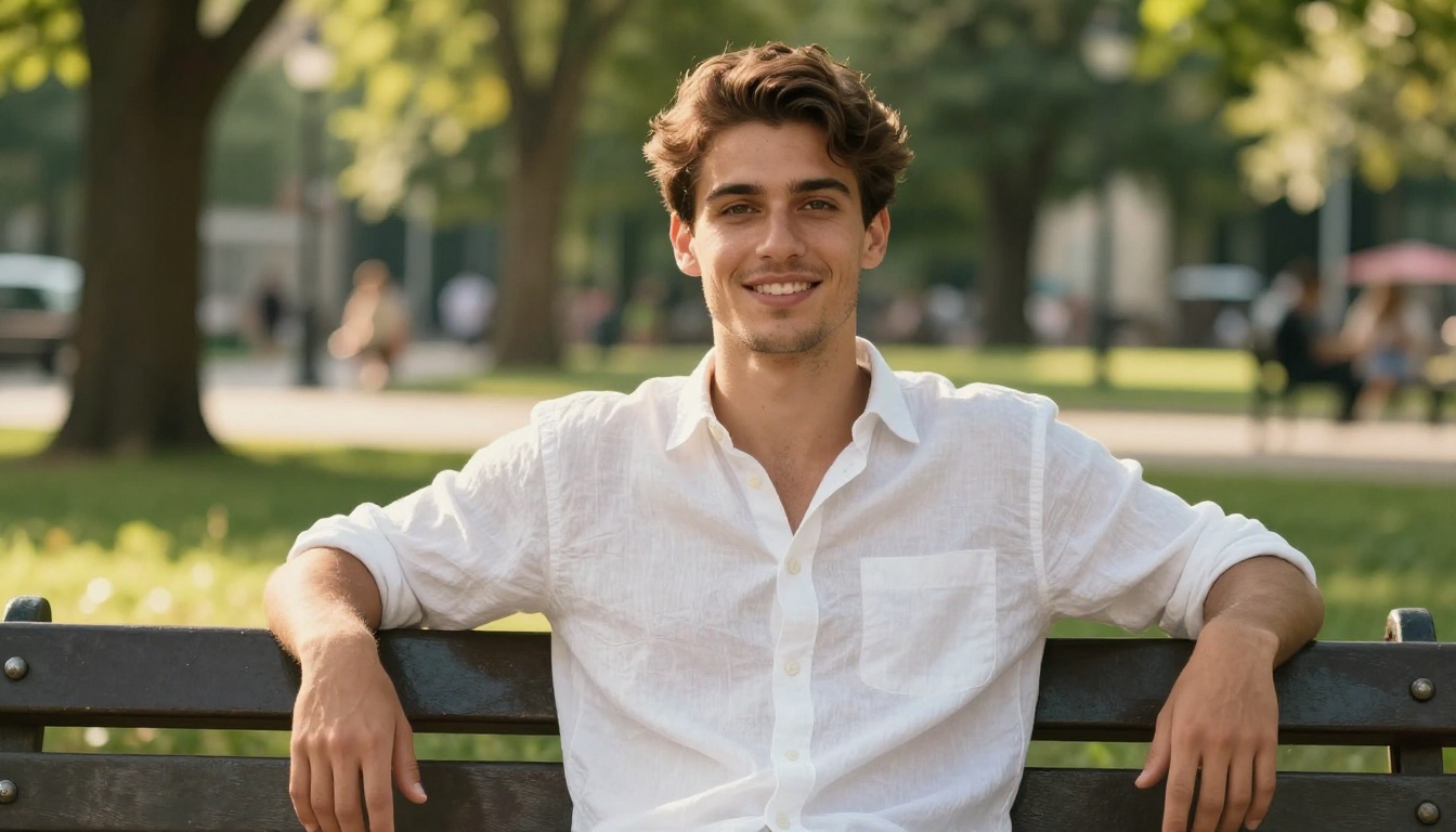 Handsome young man with warm hazel eyes sitting in a sunlit park looking directly at the camera with a calm open smile