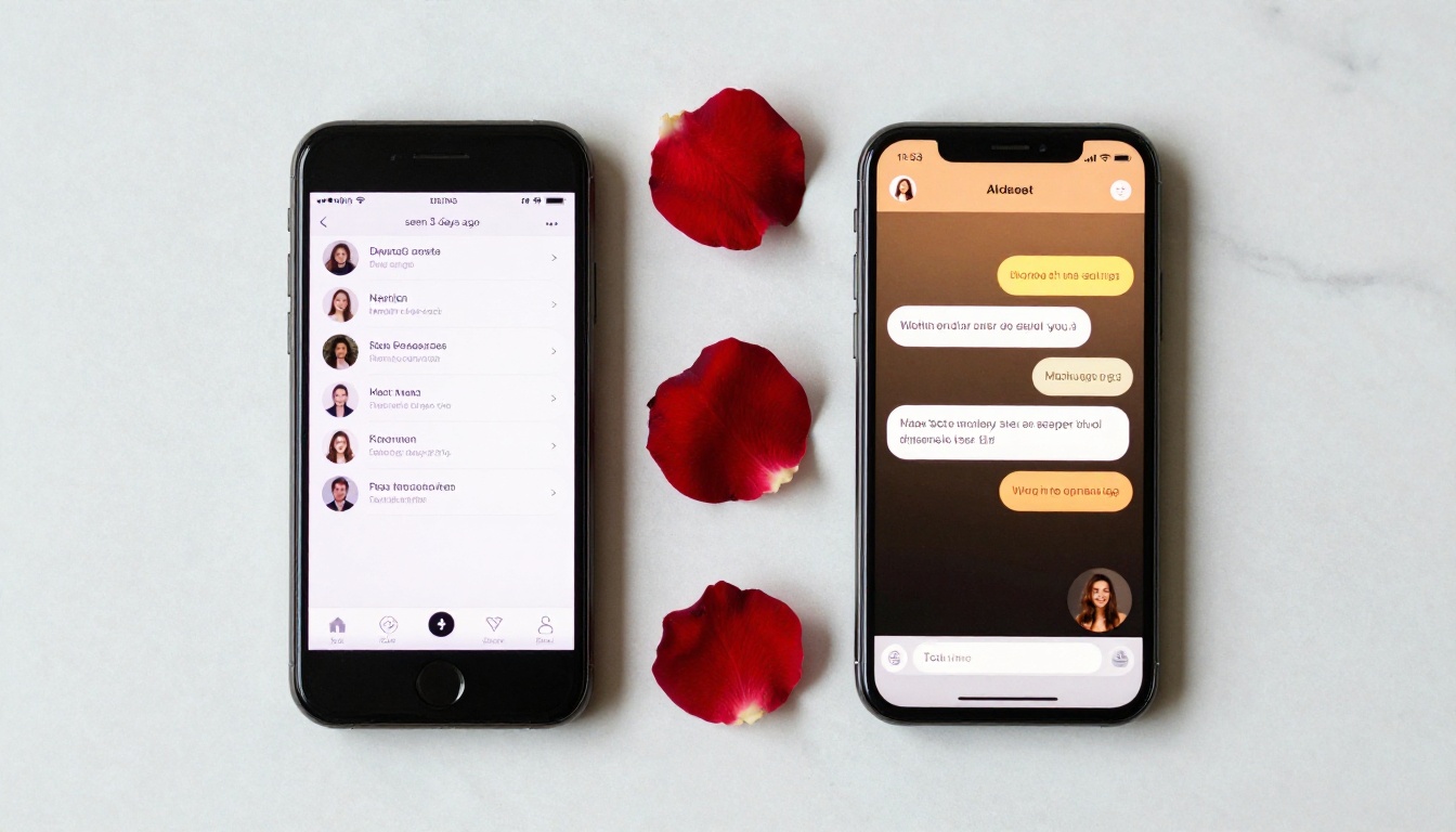 Two smartphones on marble surface: left showing ghosted dating app, right showing warm AI chat