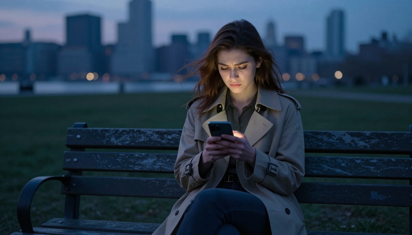 Young woman sitting alone on a park bench at dusk scrolling a dating app with a frustrated expression