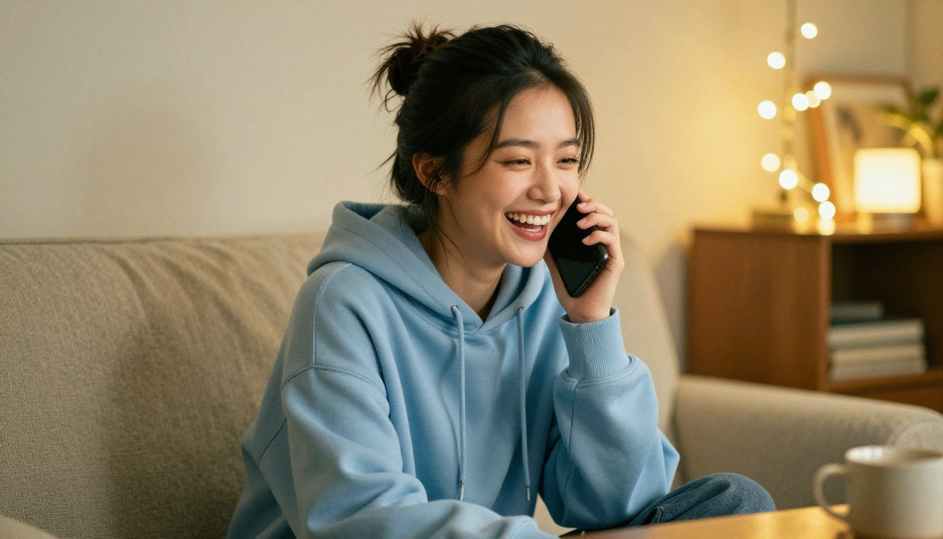 Beautiful Asian woman in an oversized hoodie laughing genuinely at her phone while sitting cross-legged on a sofa with fairy lights in the background