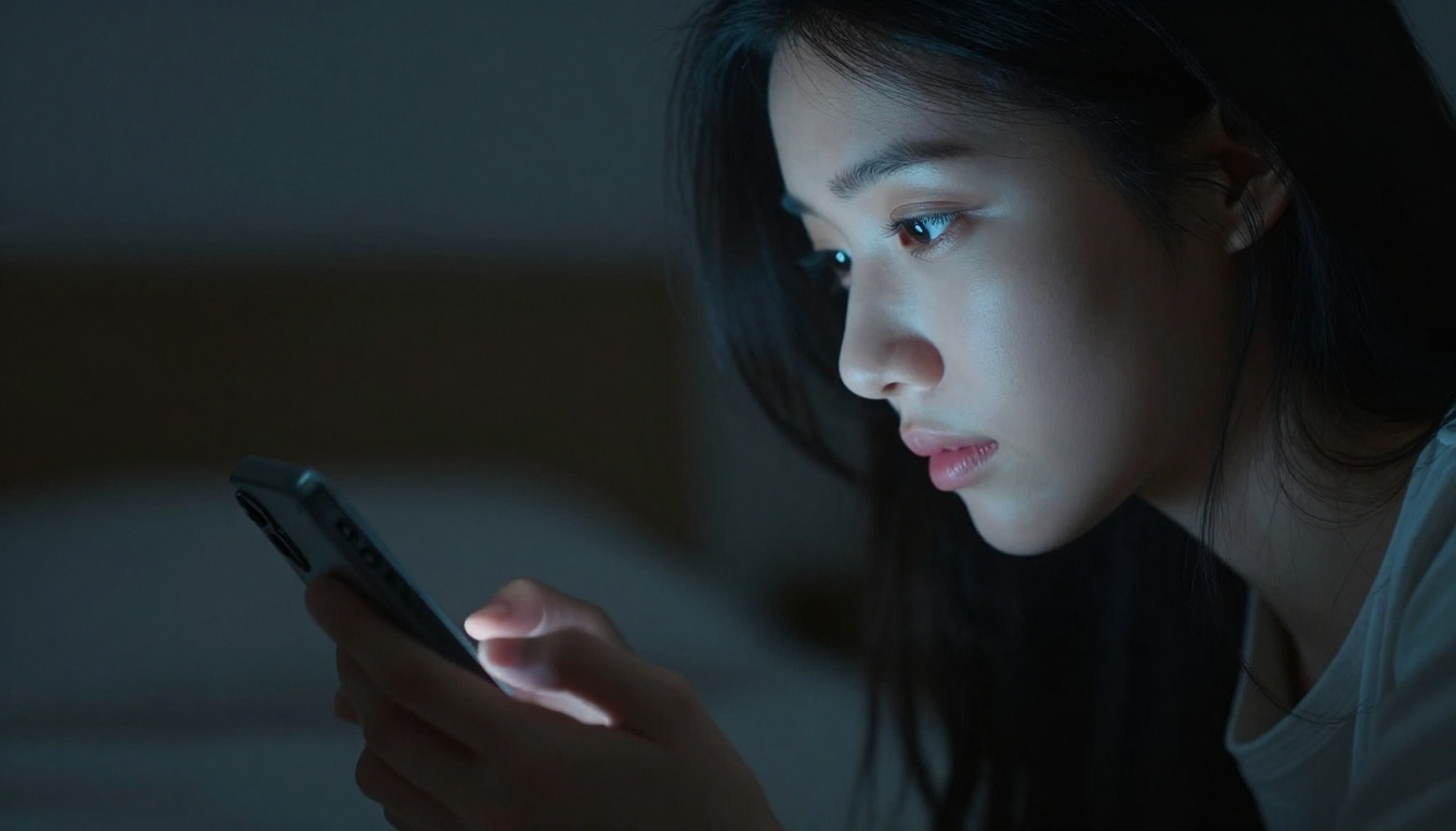 Intimate side-profile of a young woman's face lit softly by smartphone screen glow in a dark room with a tender expression