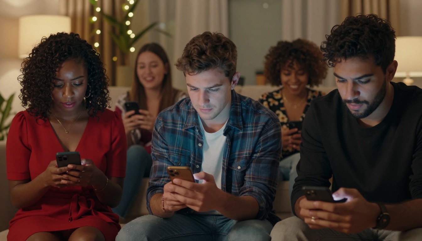 Diverse group of four young adults each absorbed in their smartphones at a social gathering despite being physically together