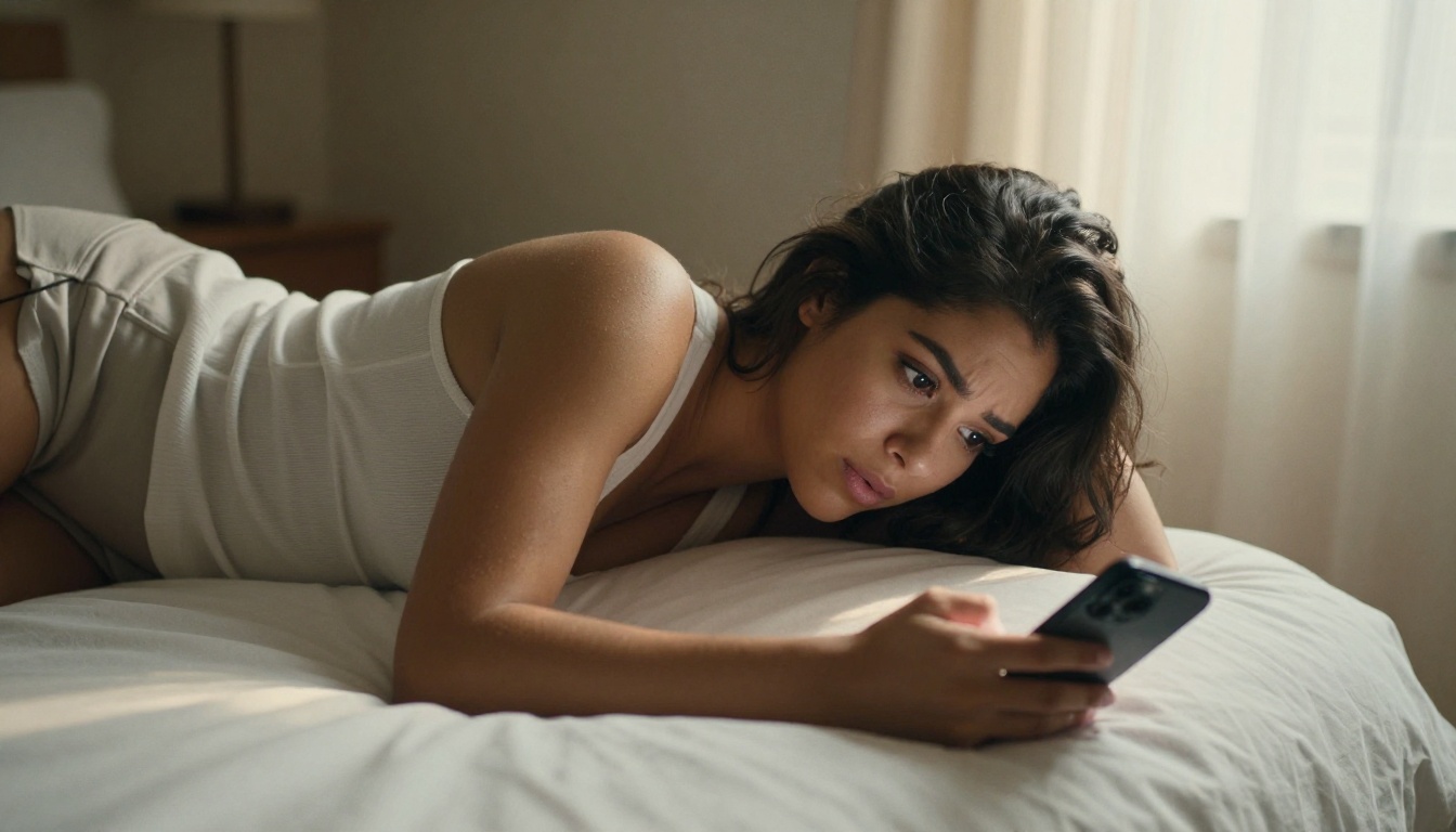 Beautiful Latina woman lying on white bed scrolling dating app with mild disappointment, warm afternoon light through sheer curtains, overhead angle, photorealistic