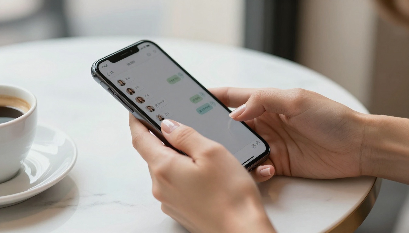 Close-up of elegant feminine hands holding smartphone showing chat interface on white marble cafe table, ceramic coffee cup partially visible, soft natural daylight, shallow depth of field, photorealistic
