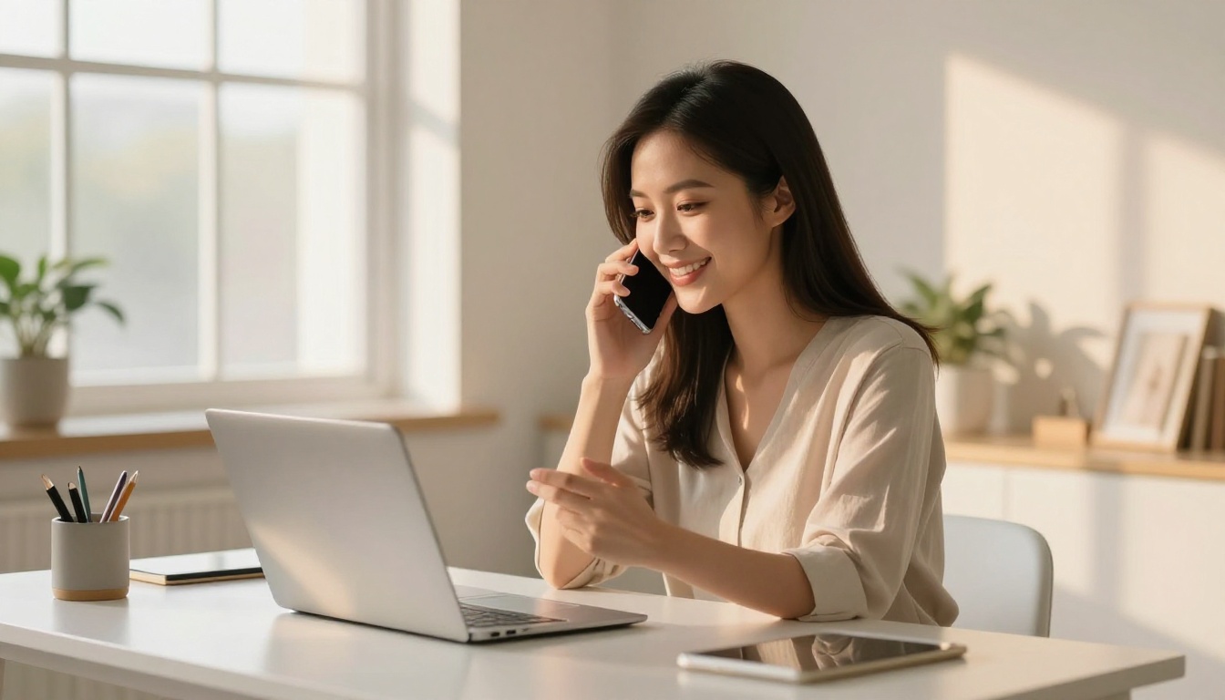 Confident Asian woman with dark straight hair smiling warmly at phone at minimalist white home office desk, laptop beside her, soft golden morning light from left window, photorealistic