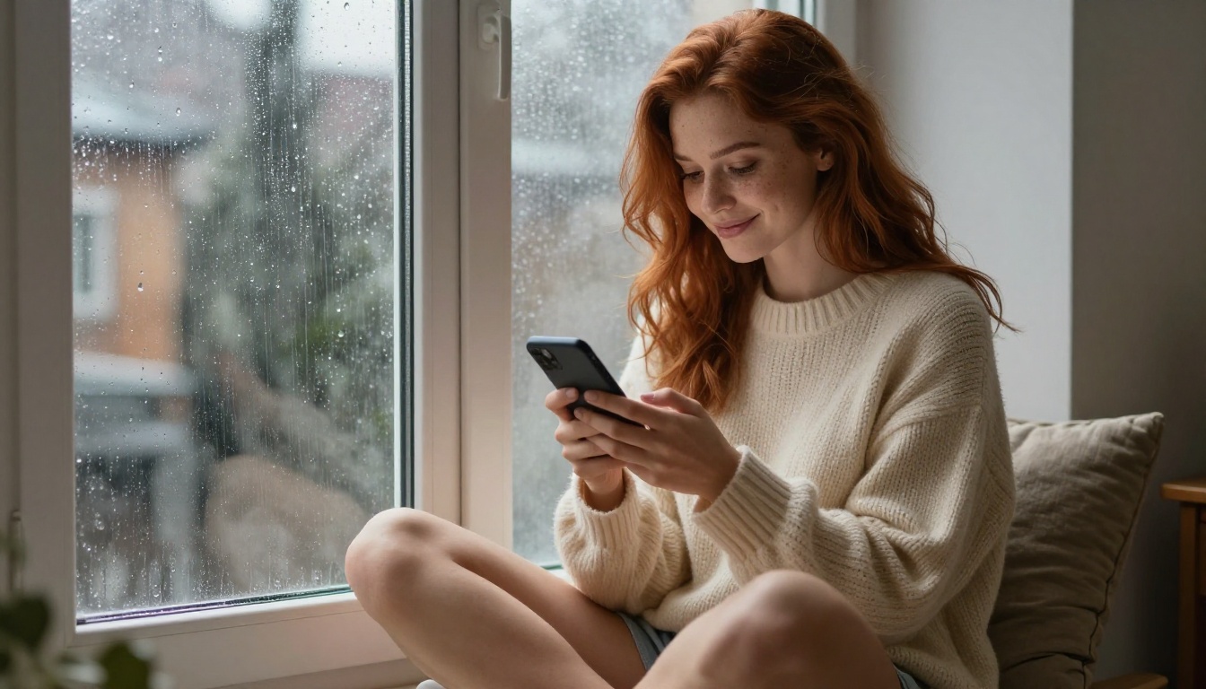 Gorgeous European woman with long auburn hair in cream oversized sweater sitting cross-legged on window seat, rain droplets on glass behind her, warm indoor glow, deeply engaged with phone, photorealistic