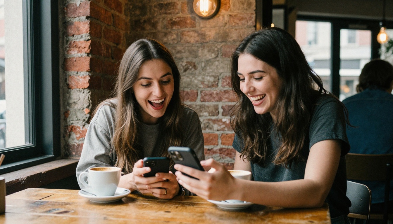 Two attractive women at trendy urban cafe with exposed brick walls, one excitedly showing phone to the other who is laughing with genuine joy, warm Edison bulb lighting, candid documentary style, photorealistic