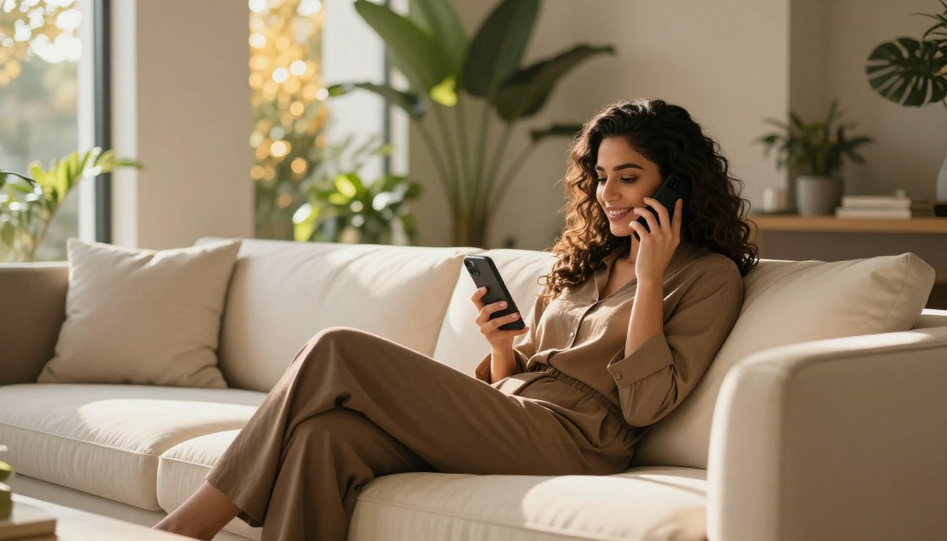 Beautiful Middle Eastern woman with dark wavy hair reclining gracefully on ivory sofa, engaged in phone chat with warm satisfied expression, afternoon sunlight through tall windows creating golden bokeh, photorealistic