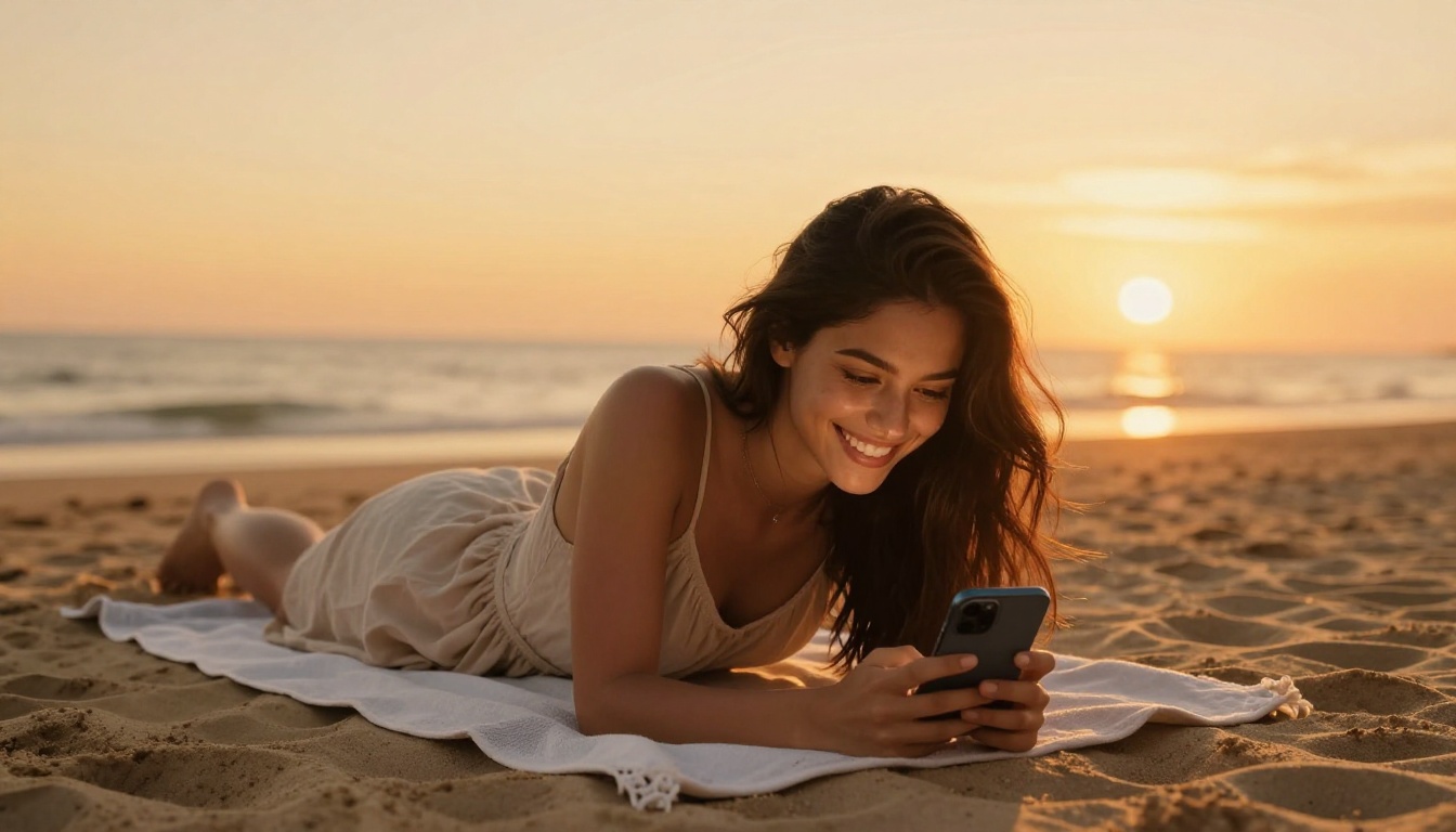 Young woman in light sundress lying on beach towel at golden sunset, ocean glowing orange-gold in background, smiling with genuine happiness at phone, dark hair spread naturally, low-angle shot, photorealistic