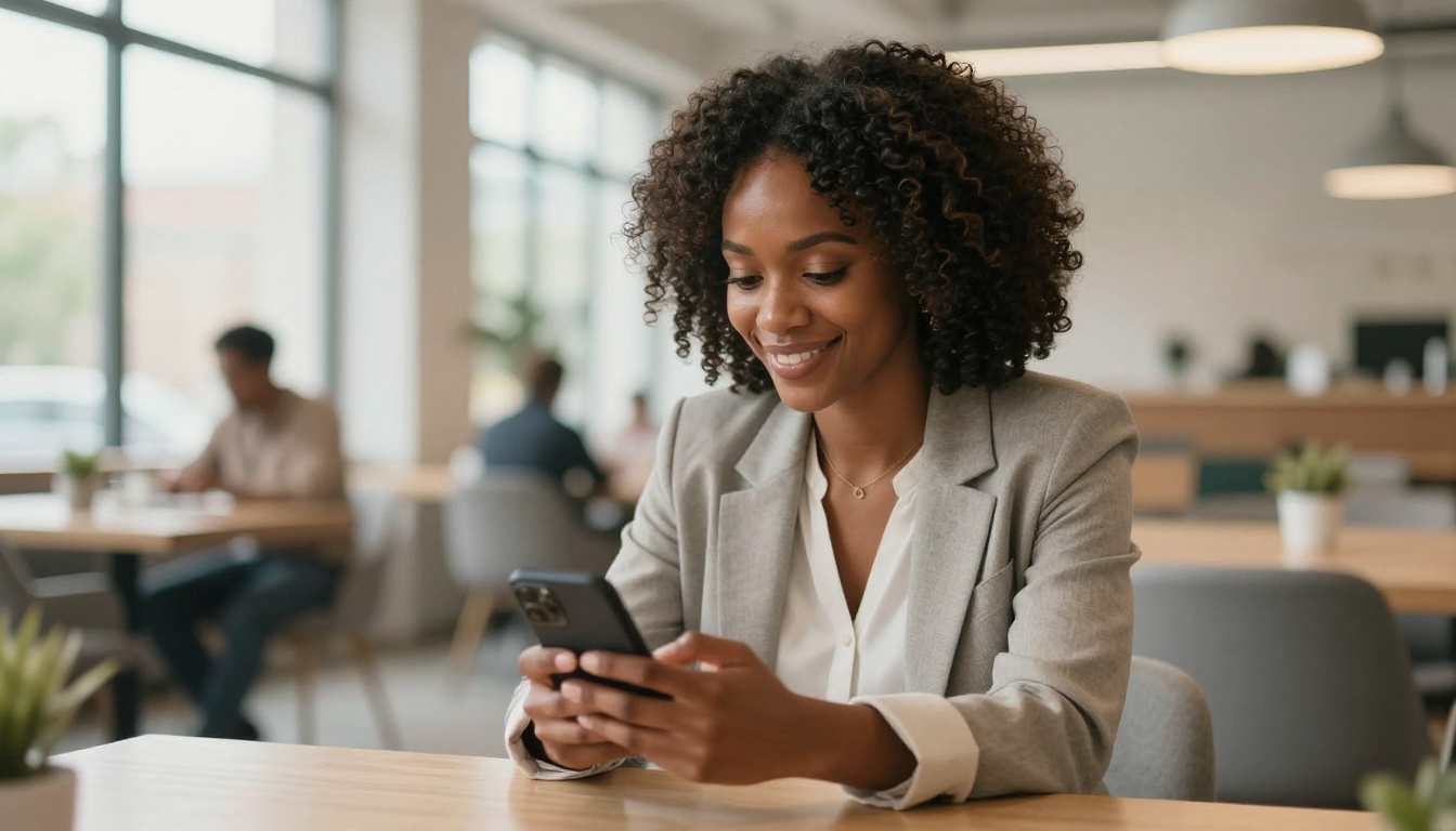 Stunning African American woman in smart business casual attire sitting alone at modern coworking space during lunch break, privately smiling at phone, soft natural window light from left, photorealistic