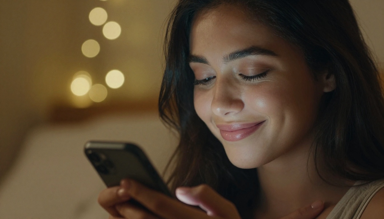 Beautiful young brunette woman holding phone pressed gently to her chest with both hands, eyes softly closed, peaceful serene smile, cozy bedroom setting behind her, fairy lights creating warm golden bokeh, photorealistic