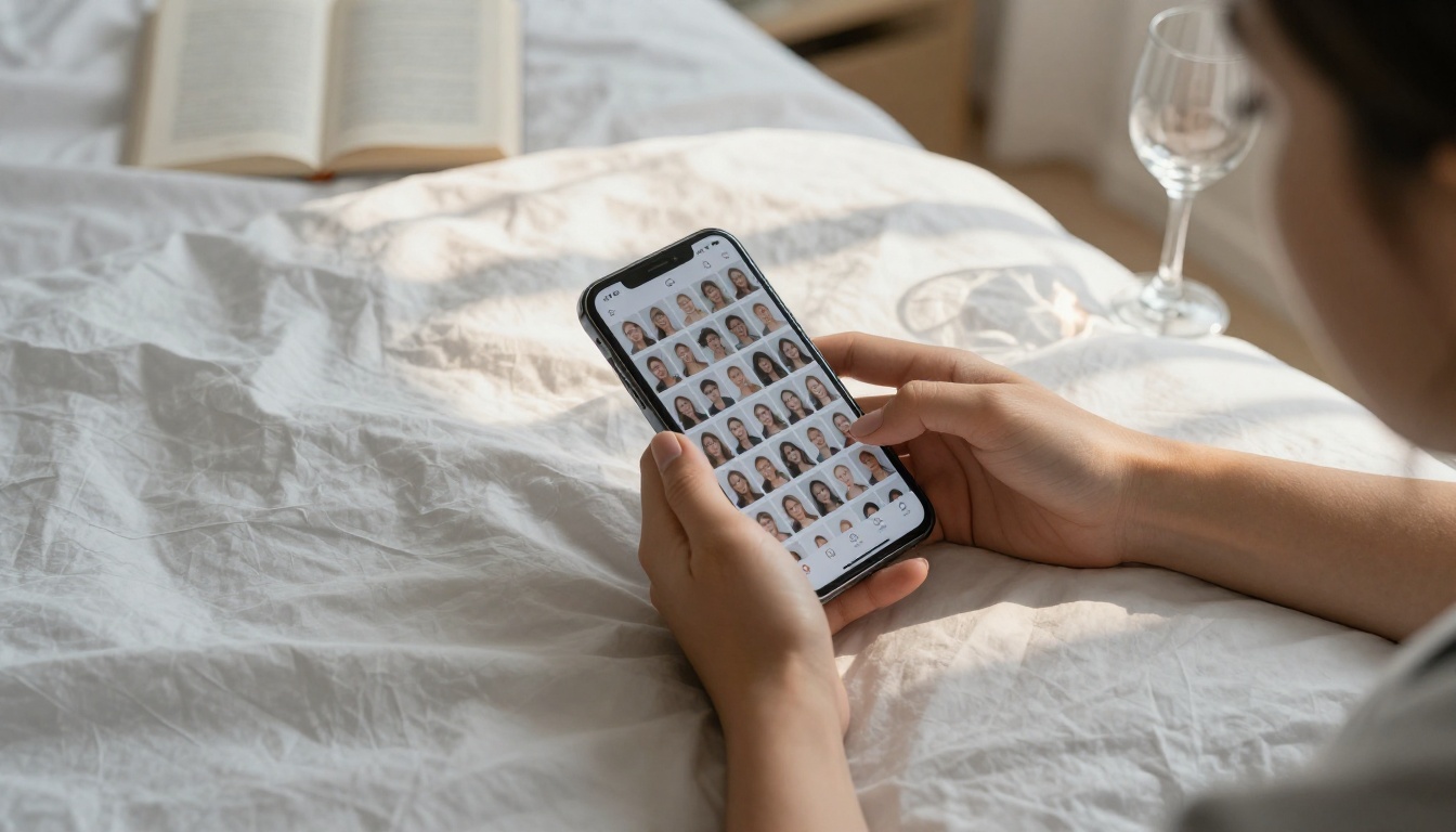 Woman swiping through dating app profiles with fatigue
