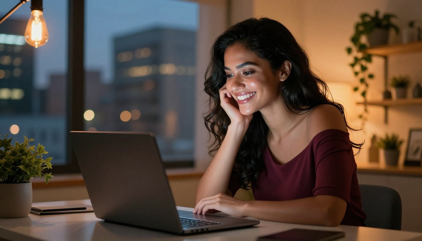 Beautiful Latina woman smiling at laptop in warm home office