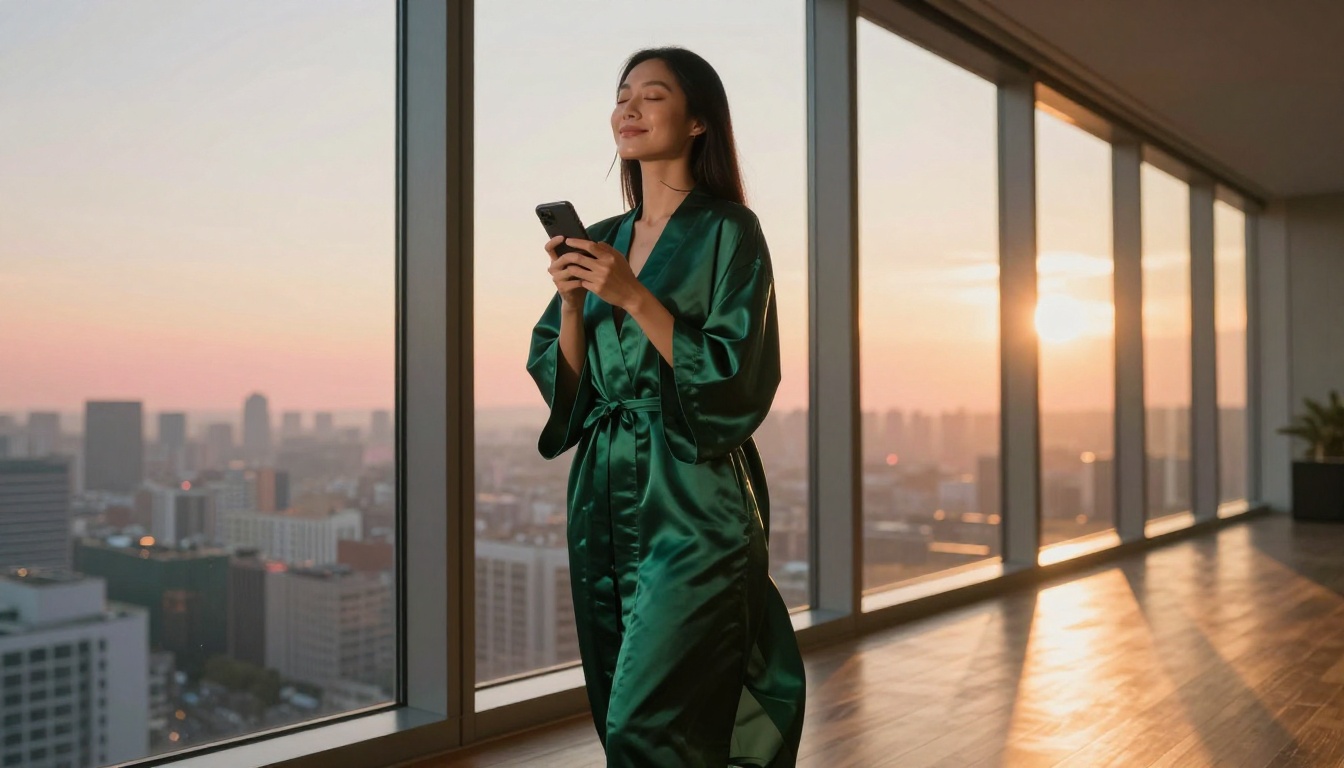 Asian woman by panoramic window holding phone peacefully at sunrise