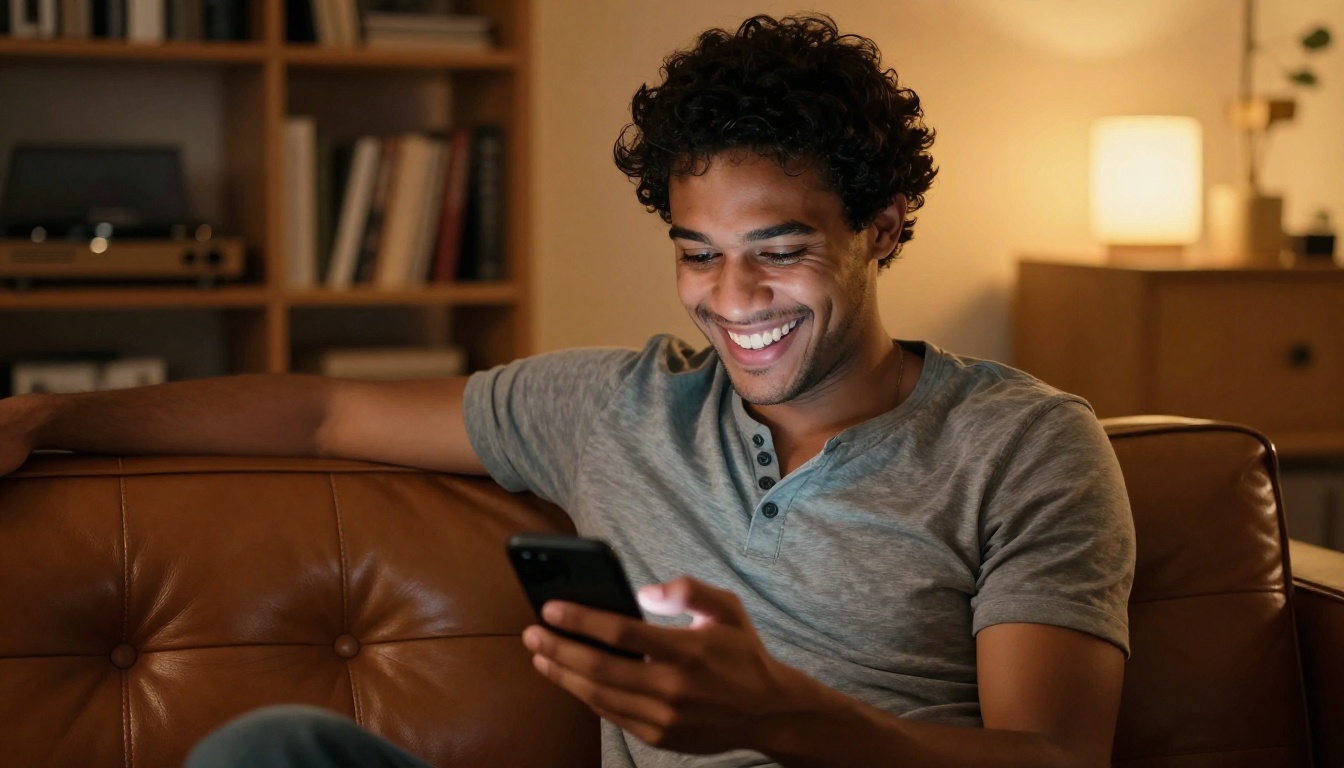 Man laughing genuinely on couch with phone in warm apartment