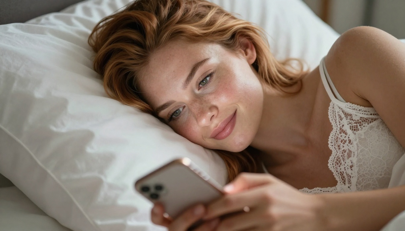 European woman lying on white pillows smiling at phone in morning light