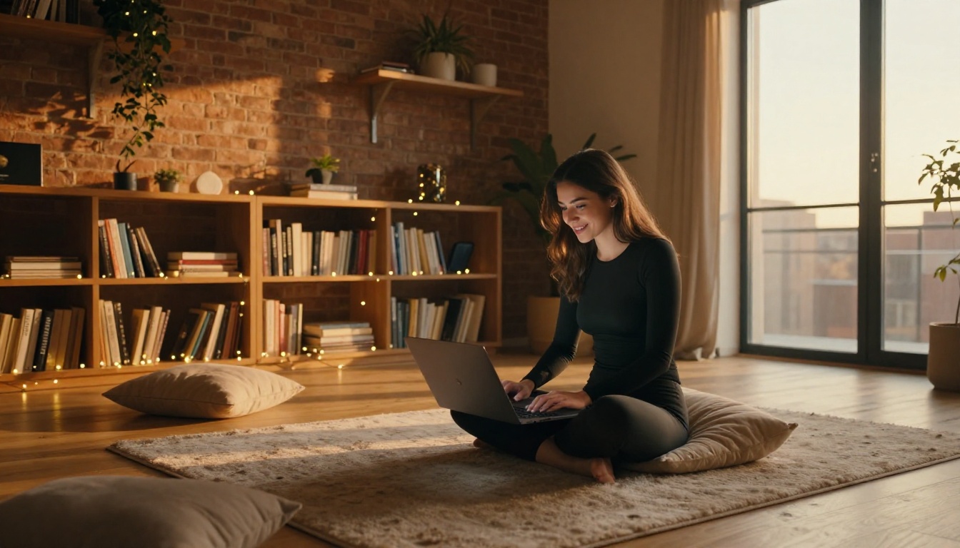 Young woman in black bodysuit with laptop in golden hour apartment