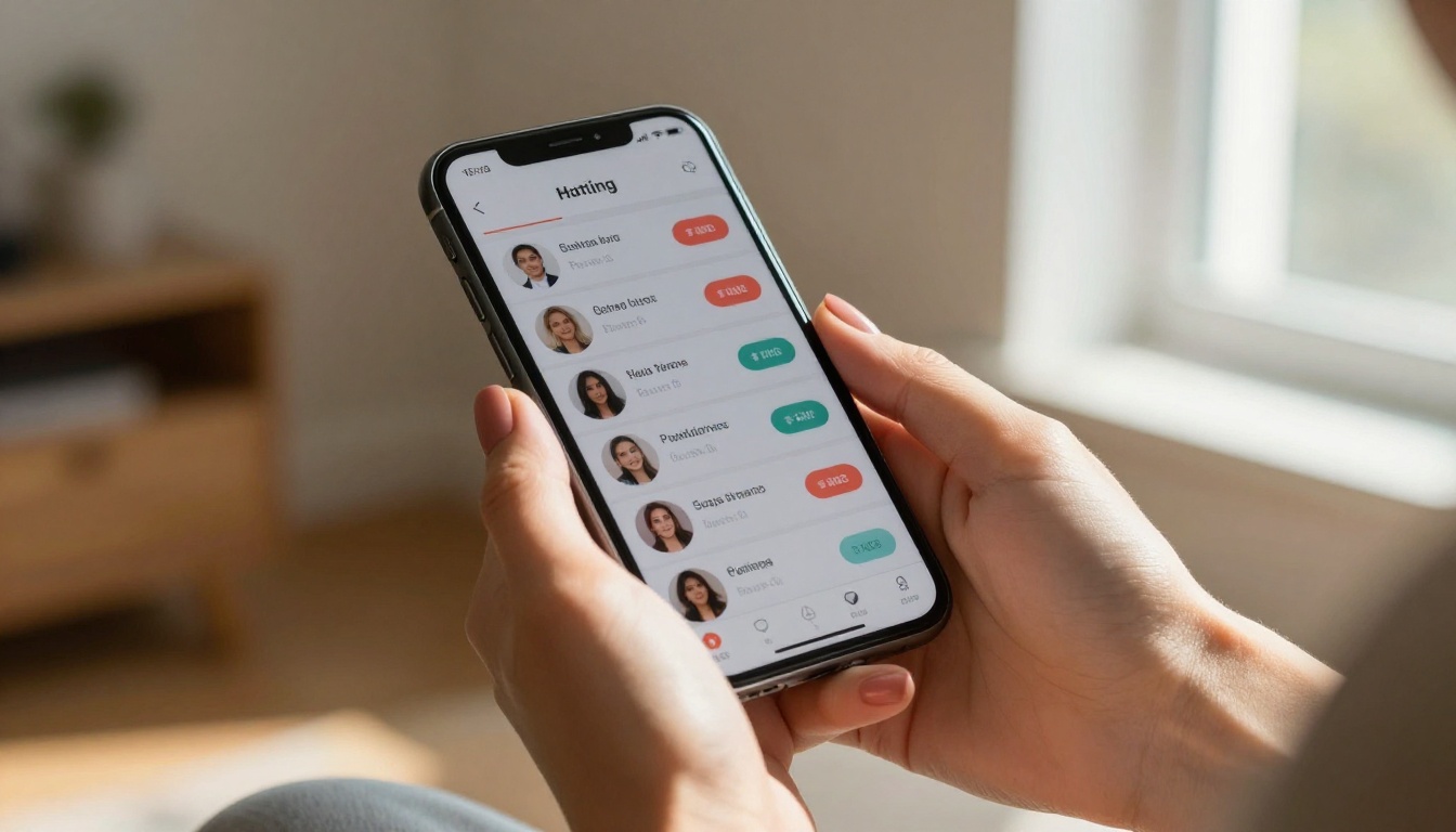 Woman scrolling through a dating app on her phone, close-up of hands