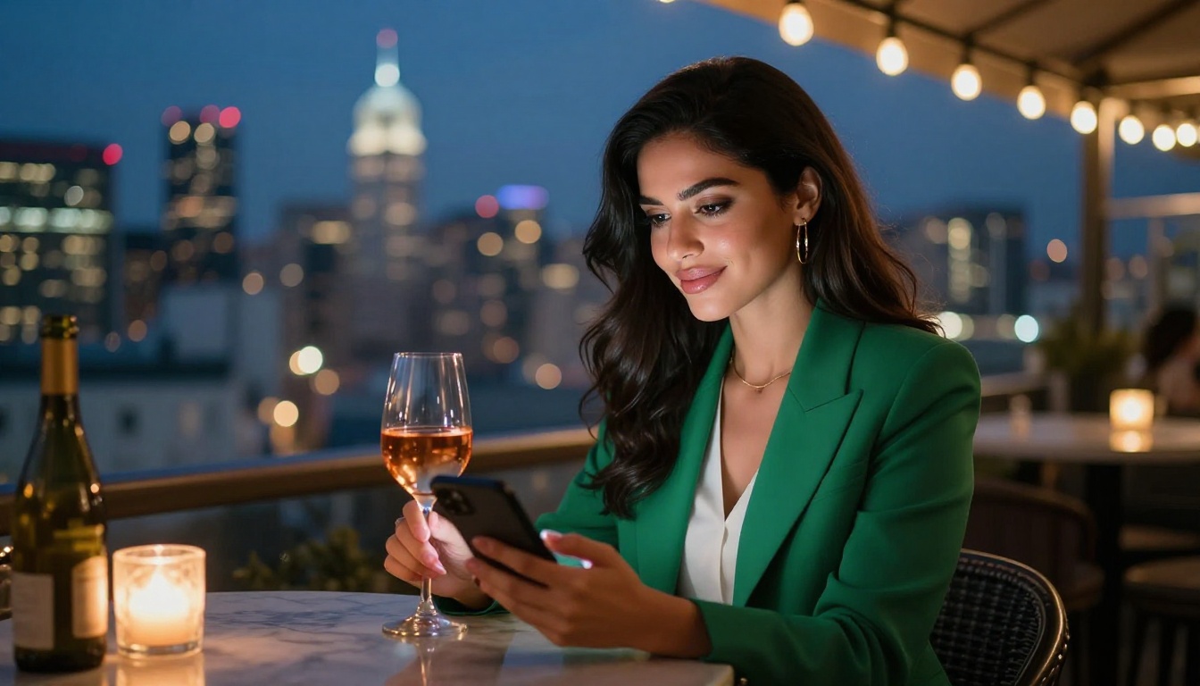 Sophisticated woman at rooftop bar with phone and wine at blue hour