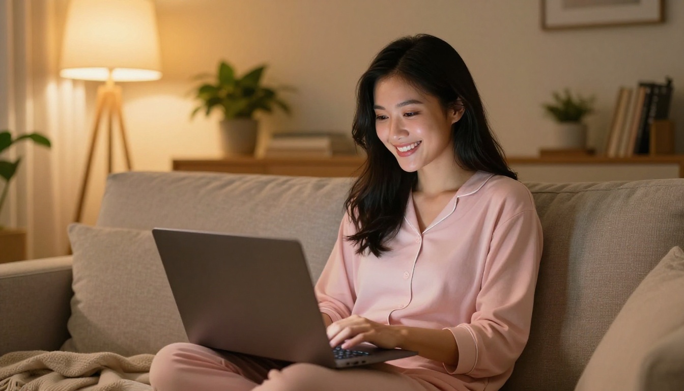 Asian woman smiling warmly at her laptop on a plush sofa at home