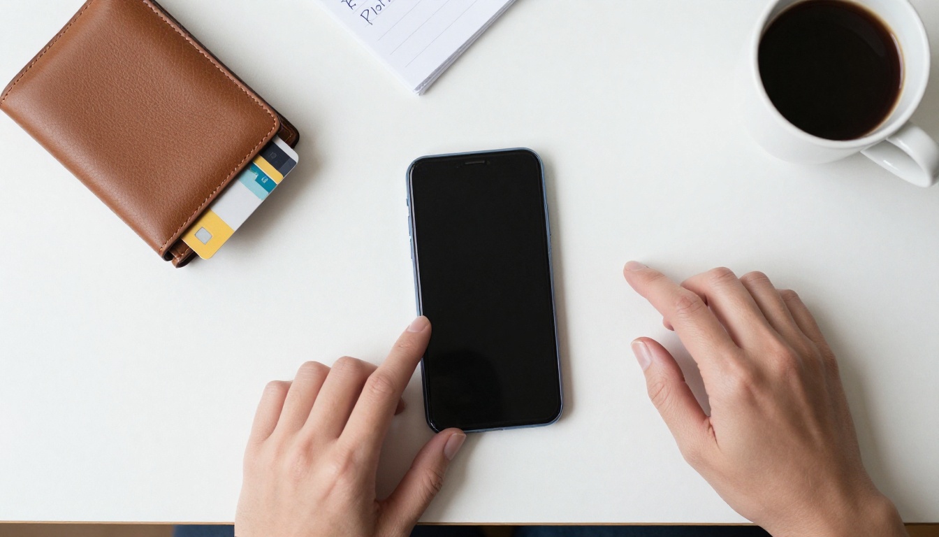 Overhead aerial flat lay of desk with smartphone, leather wallet, coffee and notepad