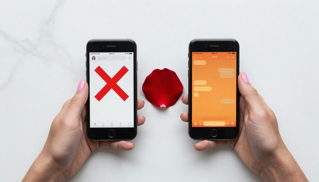 Overhead view of two hands holding phones comparing dating app and AI chat