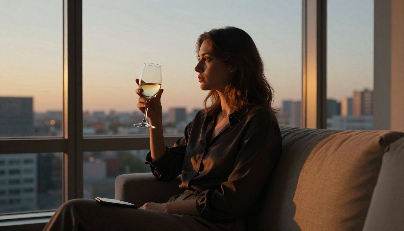 Woman looking out a floor-to-ceiling window at dusk with a glass of wine, reflective mood