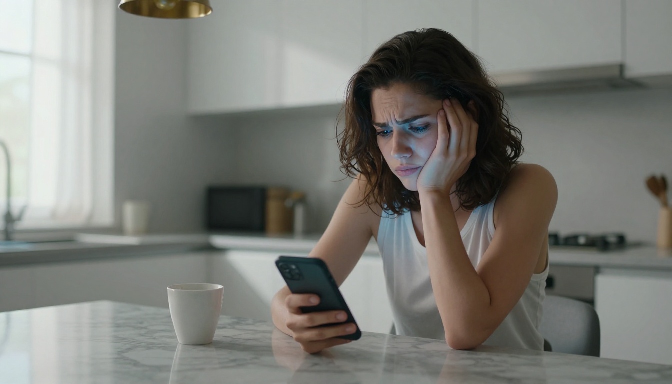 Dating app frustration - woman staring at phone exhausted
