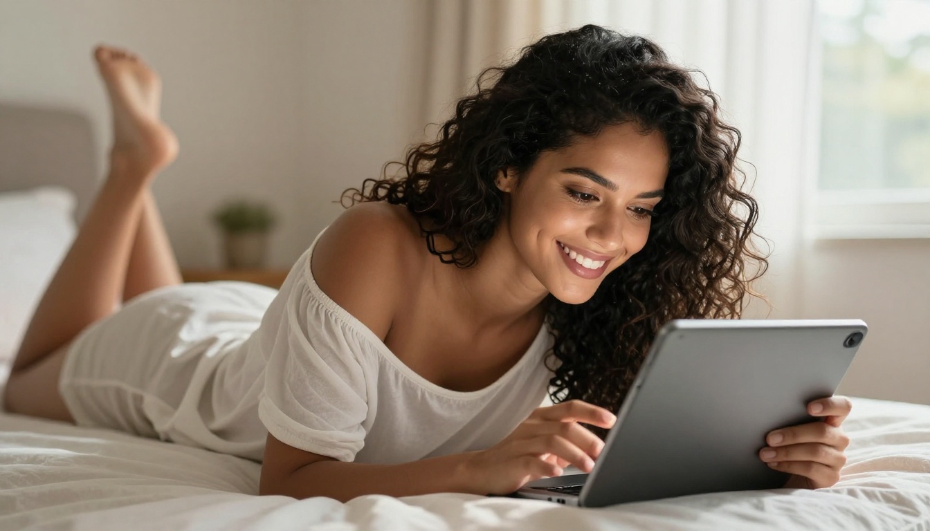 Latina woman lying on bed smiling brightly at her tablet in soft morning light