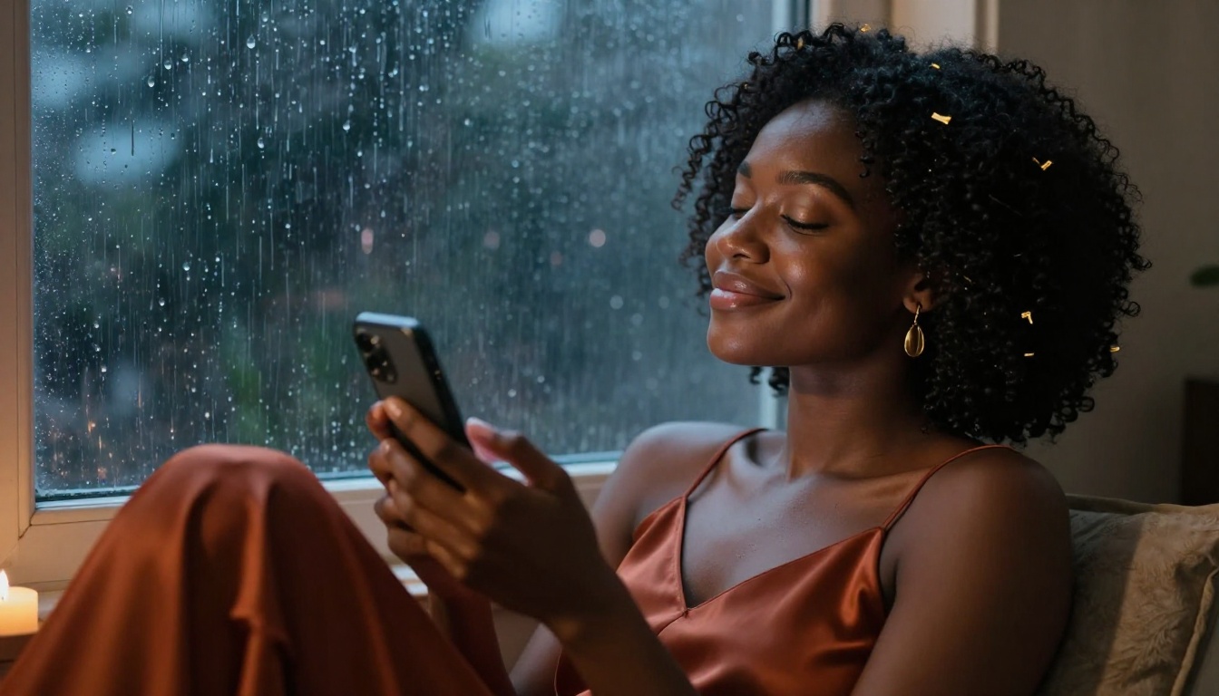 African woman by rainy window holding phone with peaceful serenity