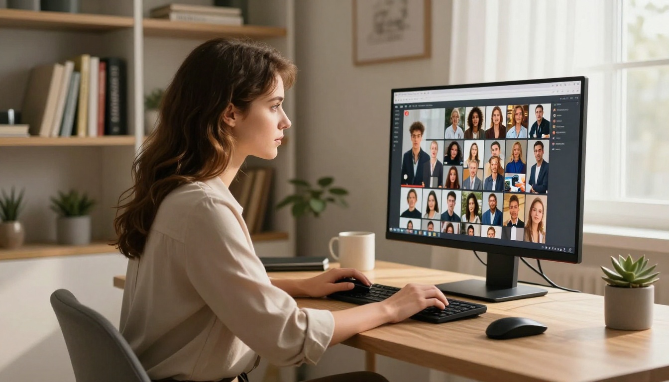 European woman leaning forward at home office desk browsing companion profiles on a large monitor