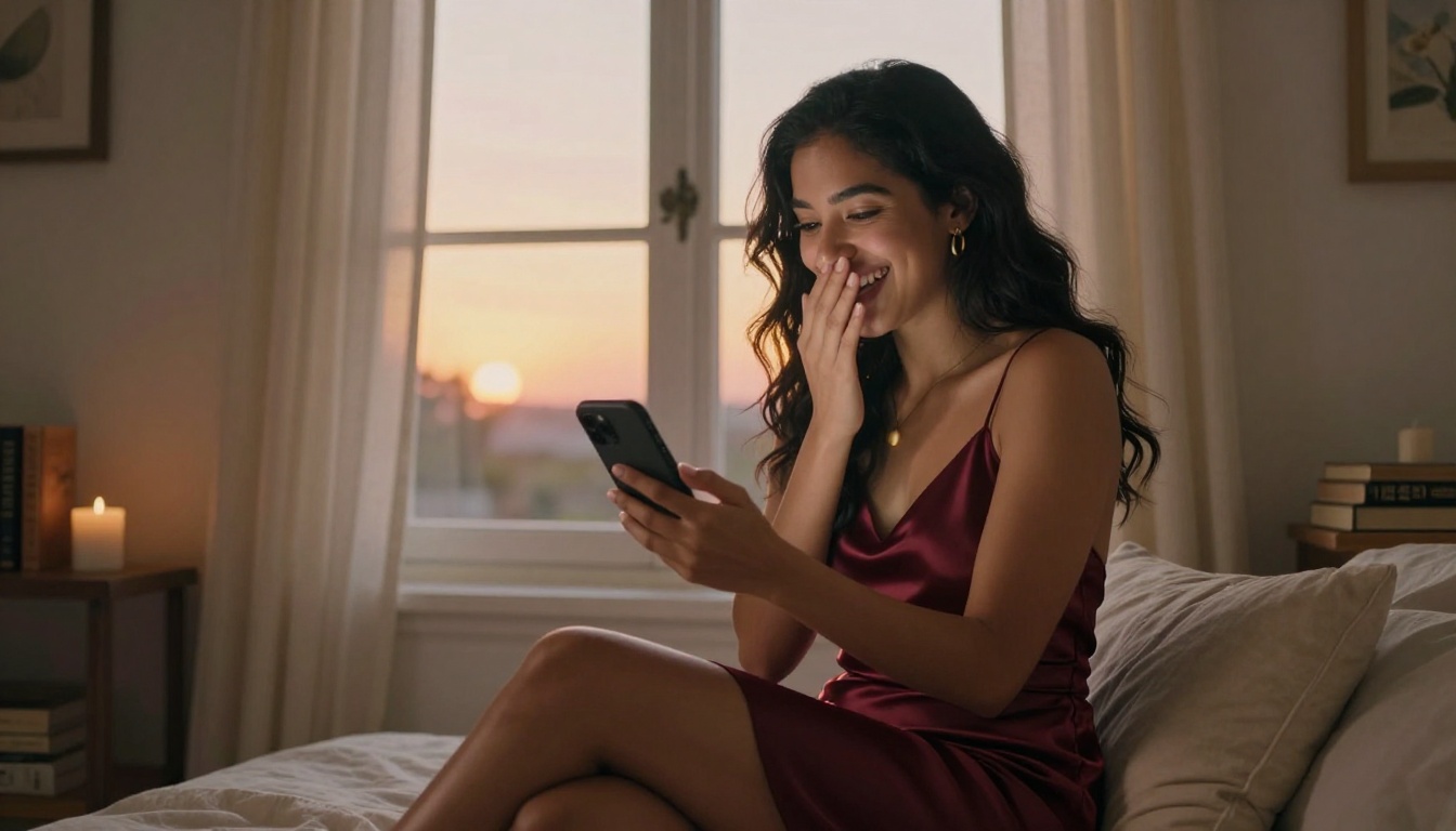 Beautiful Latina woman smiling and laughing at phone conversation