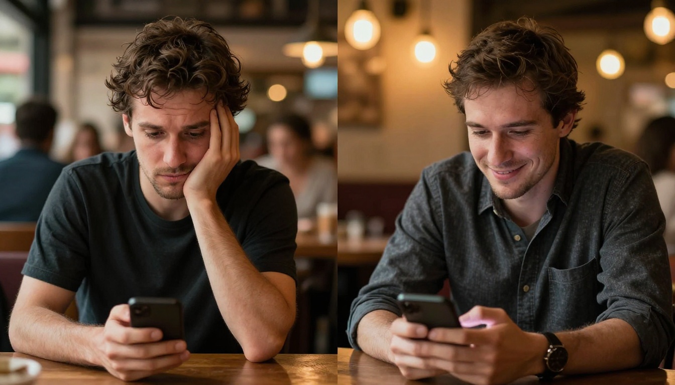 Man in split scene: nervous at a busy restaurant on the left, relaxed at home smiling at phone on the right