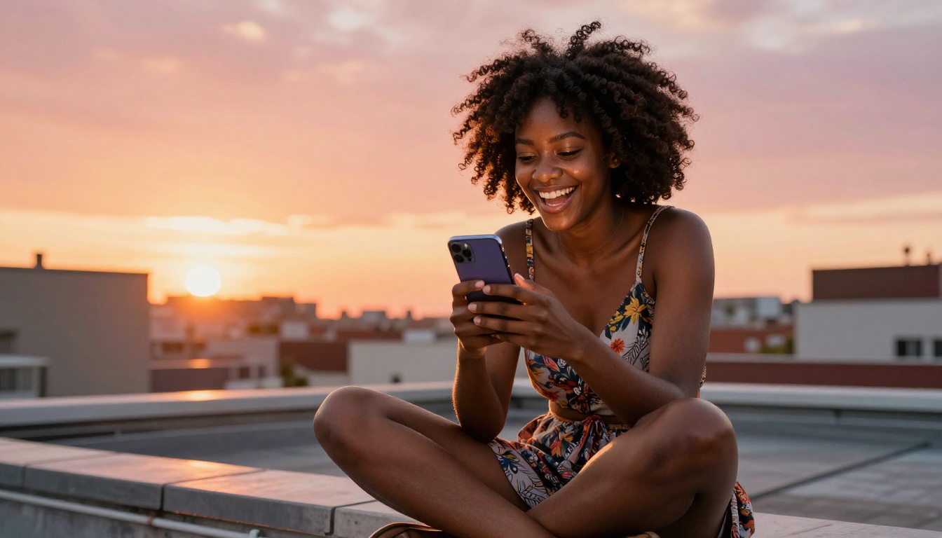 Young Black woman laughing genuinely at her smartphone on a rooftop at golden hour