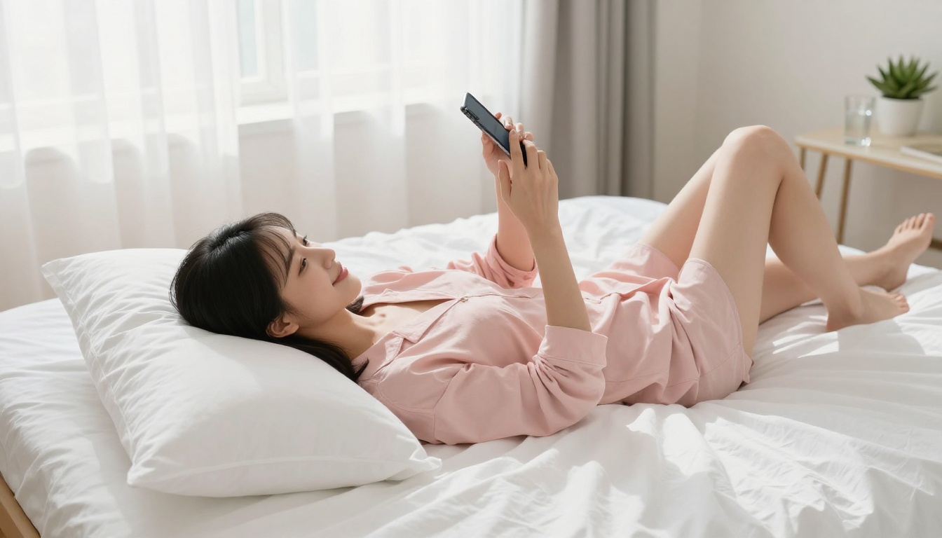East Asian woman relaxed on bed smiling softly at phone