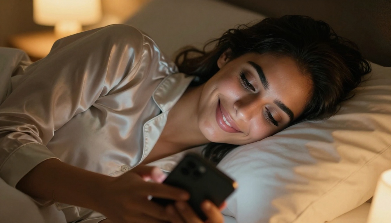 Middle Eastern woman lying in bed holding her phone close to her chest with a contented smile